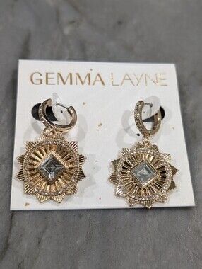 NWT Gemma Layne Gold Sunburst Drop Earrings with Clear Crystal